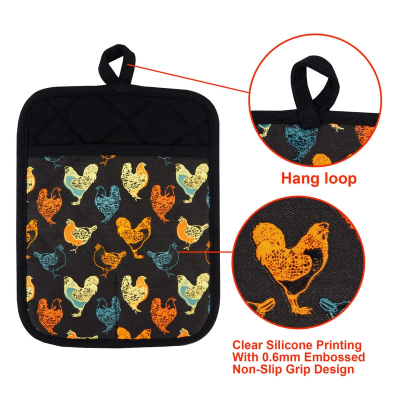 RED LMLDETA Pot Holders Set of 2 Heat Resistant 480 â„‰Non Slip Clear Silicone Printed Comfortable Cotton Lining Kitchen Women Men Cooking Baking Microwave Machine Washable (Rooster, Black Potholders) - Image 3